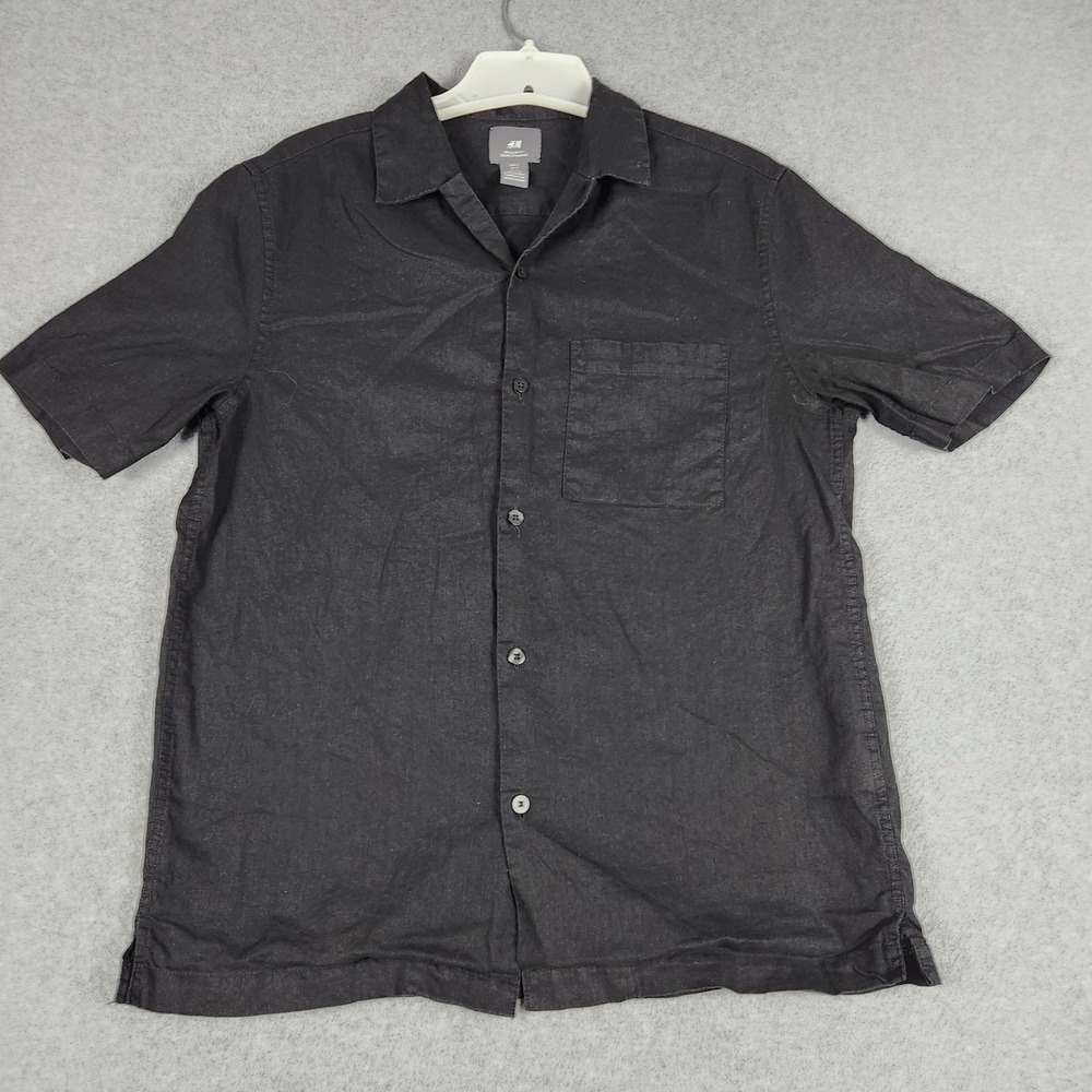 H&M Shirt Men Small Black Regular Fit Chest Pocket Short Sleeve Collar Button Up